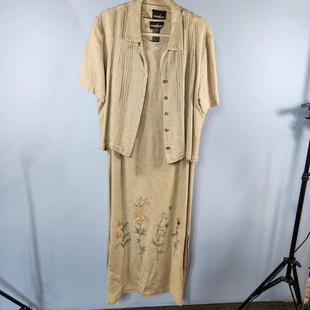 Vintage Positive Attitude Linen 2 piece Set Maxi Dress and Jacket Size L (Q-12)